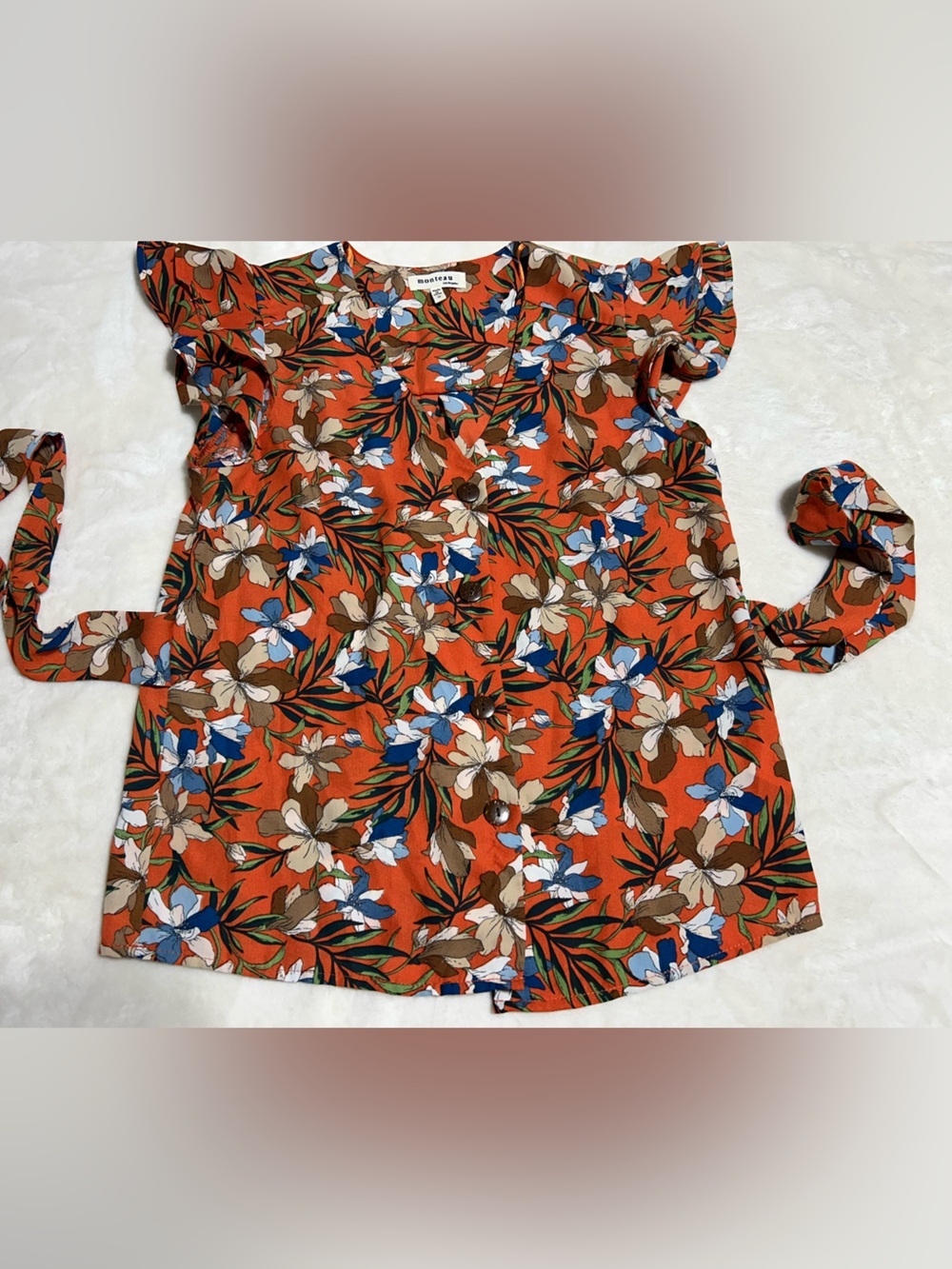 Monteau Orange Floral Tie-Waist Blouse